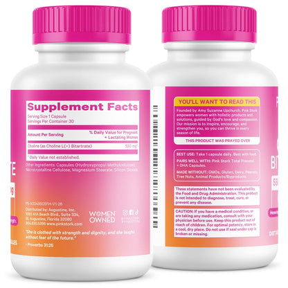 Pink Stork Cholin - 550 mg Cholinbitartrat von VitaCholine für Schwangere und Stillende - Präparat für fetale kognitive Gesundheit und Muttermilchqualität - 1 Kapsel täglich, 30 Stück
