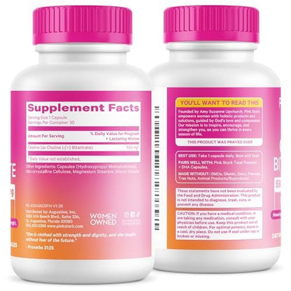 Pink Stork Cholin - 550 mg Cholinbitartrat von VitaCholine für Schwangere und Stillende - Präparat für fetale kognitive Gesundheit und Muttermilchqualität - 1 Kapsel täglich, 30 Stück