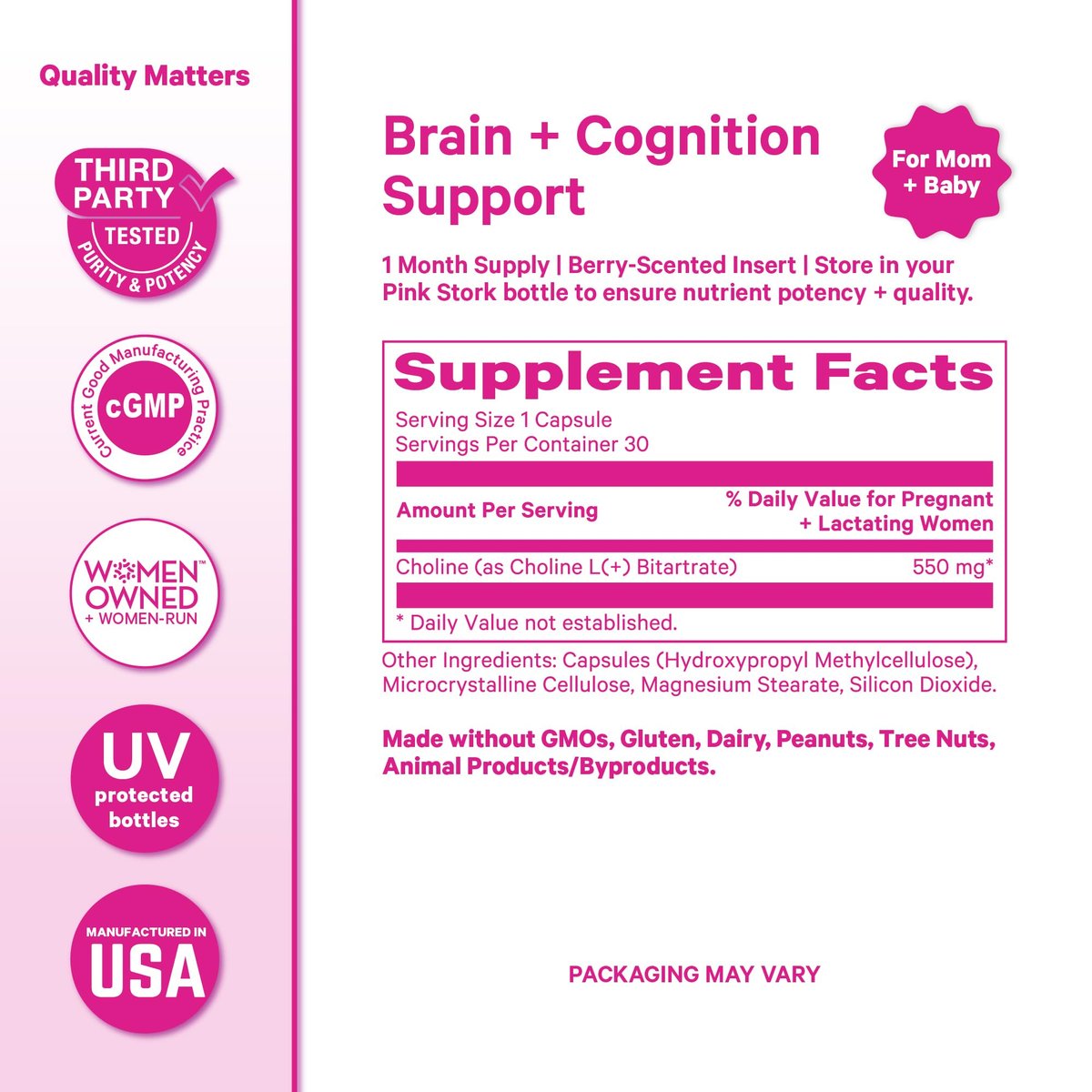 Pink Stork Cholin - 550 mg Cholinbitartrat von VitaCholine für Schwangere und Stillende - Präparat für fetale kognitive Gesundheit und Muttermilchqualität - 1 Kapsel täglich, 30 Stück