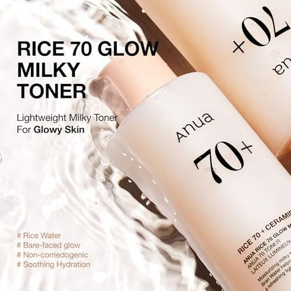 Anua Rice 70 Glow Milky Toner – Feuchtigkeitsspendender Toner für Glas- & Dewy Skin mit Niacinamid & Ceramiden, 250 ml