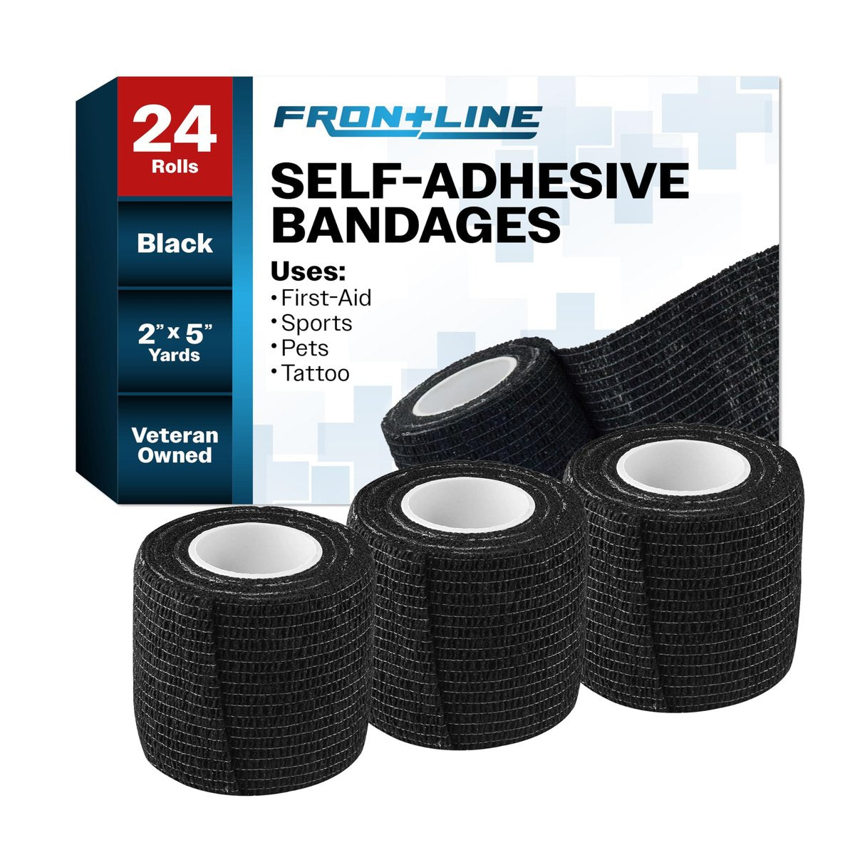 Frontline 24er Pack Selbstklebende Bandage 5 cm x 4,5 m – Athletik-Tape, Vlies-Bandage, elastisch, hautfreundlich (Schwarz)
