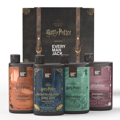 Every Man Jack Harry Potter Kollektion Herren Duschgel Geschenkset – 4 Duschgele mit sauberen Inhaltsstoffen und Hogwarts-inspirierten Düften – Verteidigung gegen die dunklen Künste, Zauberkunst, Kräuterkunde, Zaubertränke
