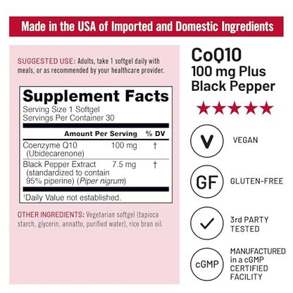NatureWise CoQ10 100mg + Schwarzer Pfeffer – Hochabsorbierbares Coenzym Q10 mit Piperin – Antioxidans für Herzgesundheit & Zellenergie – Vegan, Nicht-GVO, Glutenfrei – 30 Kapseln [30-Tage-Vorrat]