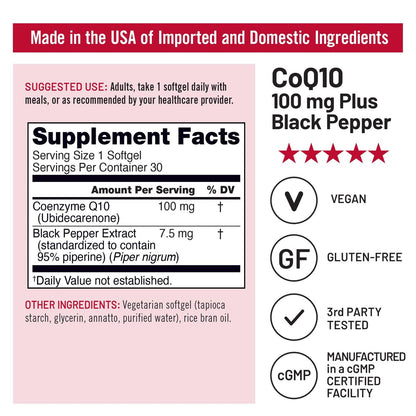 NatureWise CoQ10 100mg + Schwarzer Pfeffer – Hochabsorbierbares Coenzym Q10 mit Piperin – Antioxidans für Herzgesundheit & Zellenergie – Vegan, Nicht-GVO, Glutenfrei – 30 Kapseln [30-Tage-Vorrat]