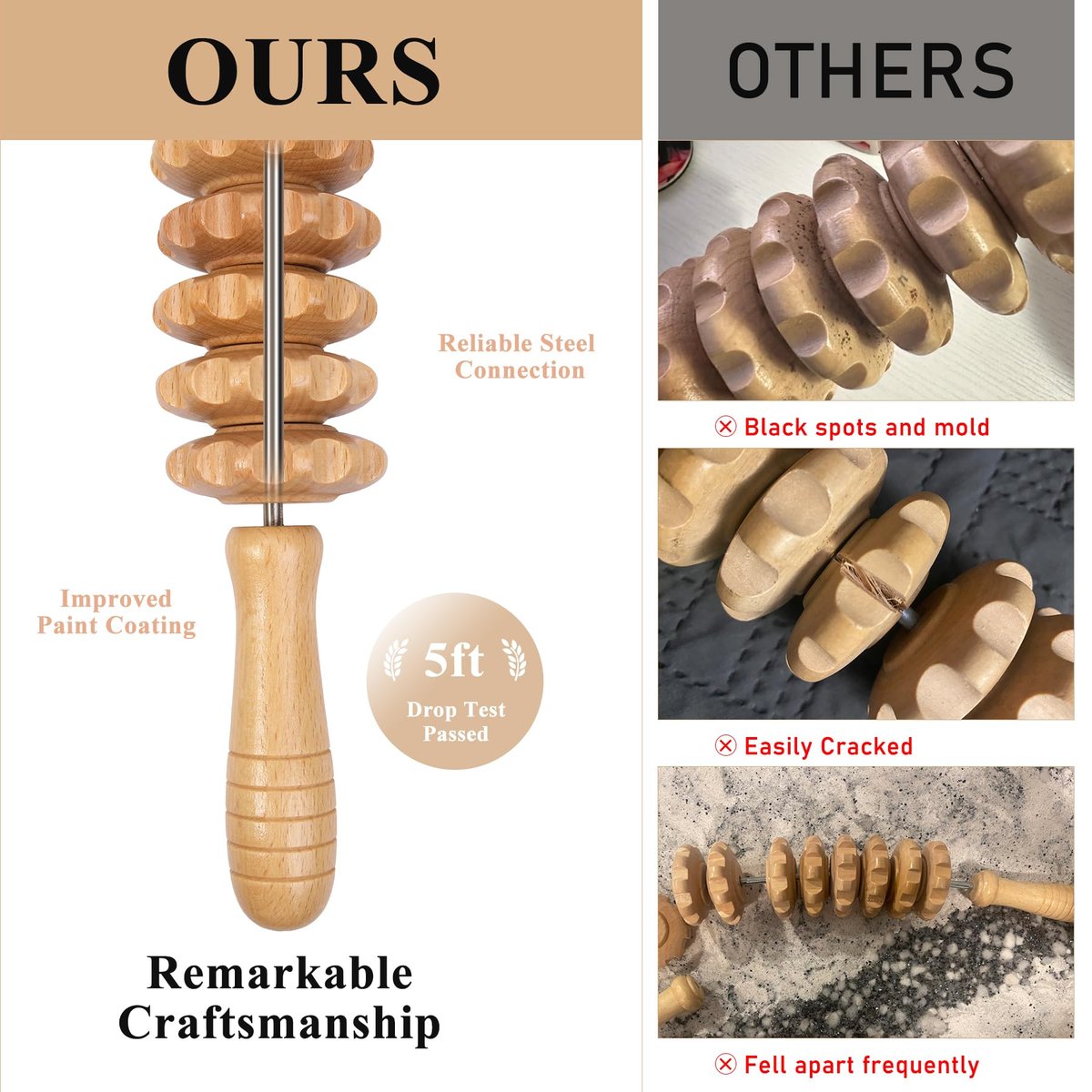 Xokocli Cellulite-Massagegerät aus Holz – Faszienroller für Beine, Oberschenkel & Rücken – Lymphdrainage & Muskelentspannung (Weiß, 12 Räder)
