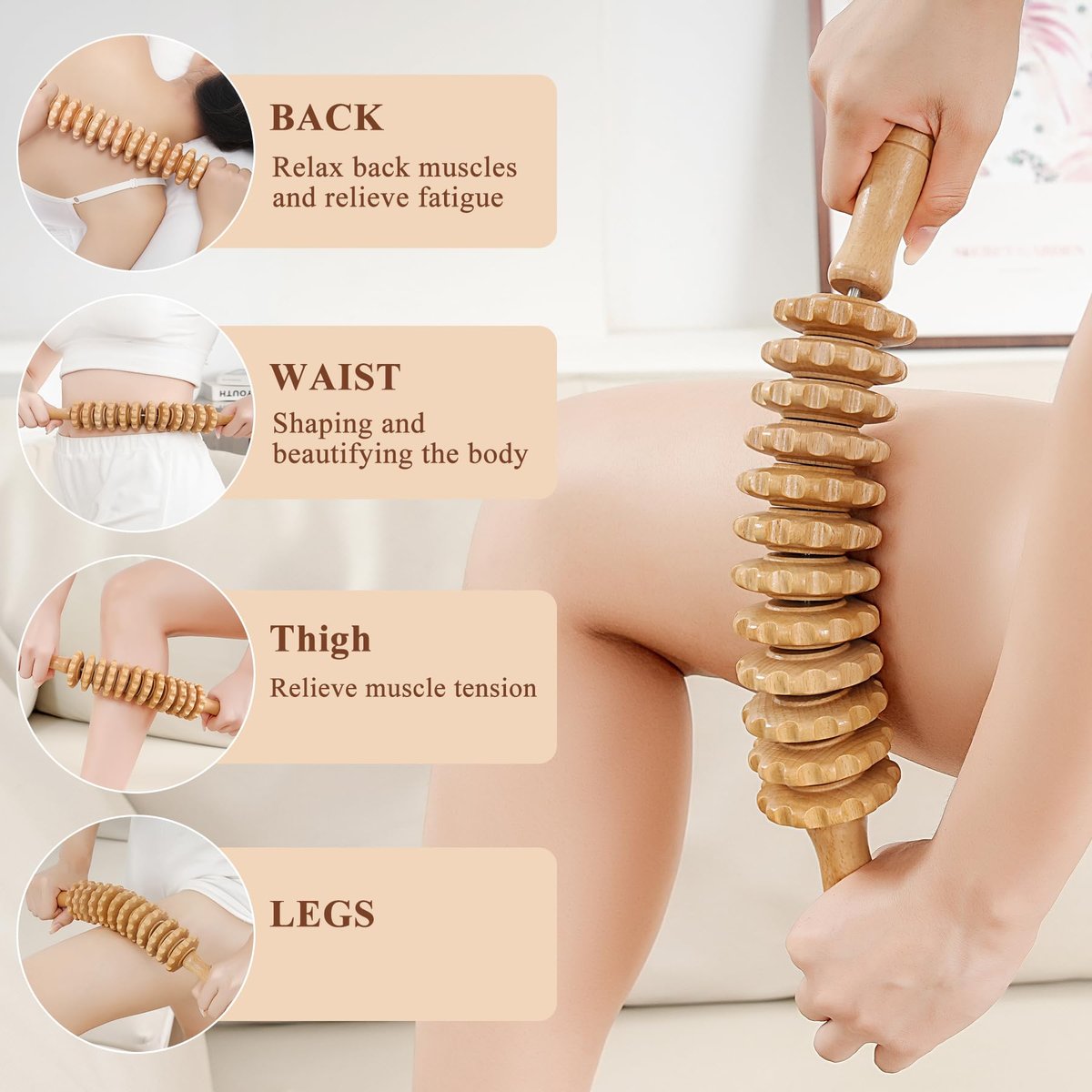 Xokocli Cellulite-Massagegerät aus Holz – Faszienroller für Beine, Oberschenkel & Rücken – Lymphdrainage & Muskelentspannung (Weiß, 12 Räder)