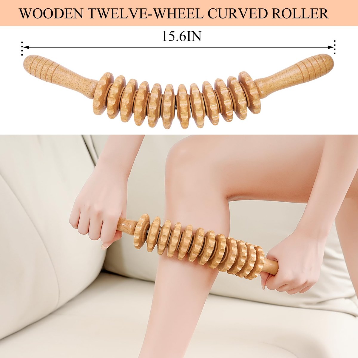Xokocli Cellulite-Massagegerät aus Holz – Faszienroller für Beine, Oberschenkel & Rücken – Lymphdrainage & Muskelentspannung (Weiß, 12 Räder)