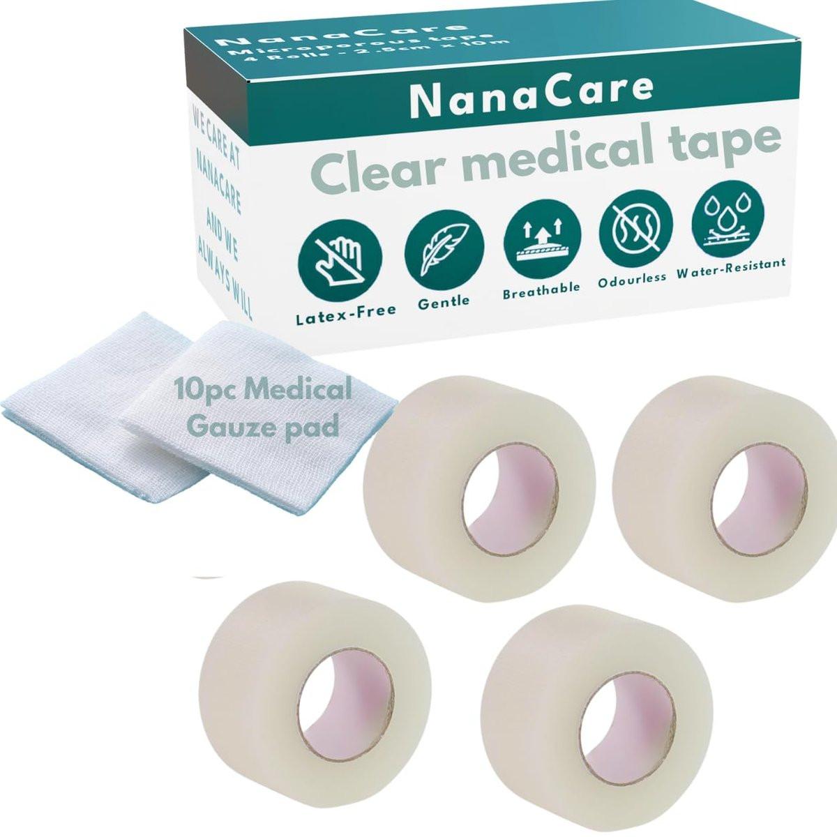 NanaCare Clear Medical Tape Waterproof, 4 Rollen - 2,5 cm x 9,1 m + 10 Wundauflagen - Hypoallergenes chirurgisches Pflaster für Wundversorgung, Verbände & Gesicht, Erste-Hilfe-Wasserfestes Band für empfindliche Haut