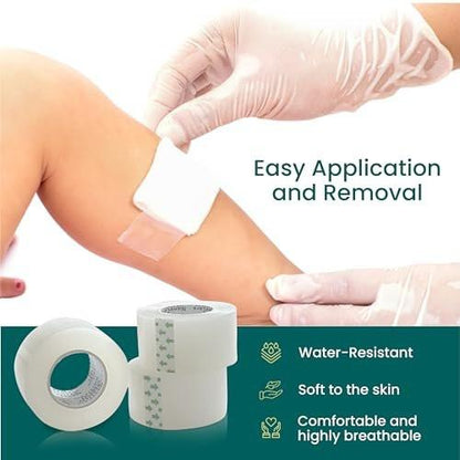 NanaCare Clear Medical Tape Waterproof, 4 Rollen - 2,5 cm x 9,1 m + 10 Wundauflagen - Hypoallergenes chirurgisches Pflaster für Wundversorgung, Verbände & Gesicht, Erste-Hilfe-Wasserfestes Band für empfindliche Haut