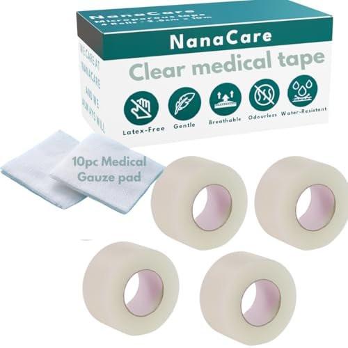 NanaCare Clear Medical Tape Waterproof, 4 Rollen - 2,5 cm x 9,1 m + 10 Wundauflagen - Hypoallergenes chirurgisches Pflaster für Wundversorgung, Verbände & Gesicht, Erste-Hilfe-Wasserfestes Band für empfindliche Haut