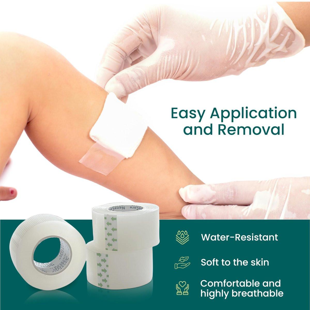 NanaCare Clear Medical Tape Waterproof, 4 Rollen - 2,5 cm x 9,1 m + 10 Wundauflagen - Hypoallergenes chirurgisches Pflaster für Wundversorgung, Verbände & Gesicht, Erste-Hilfe-Wasserfestes Band für empfindliche Haut
