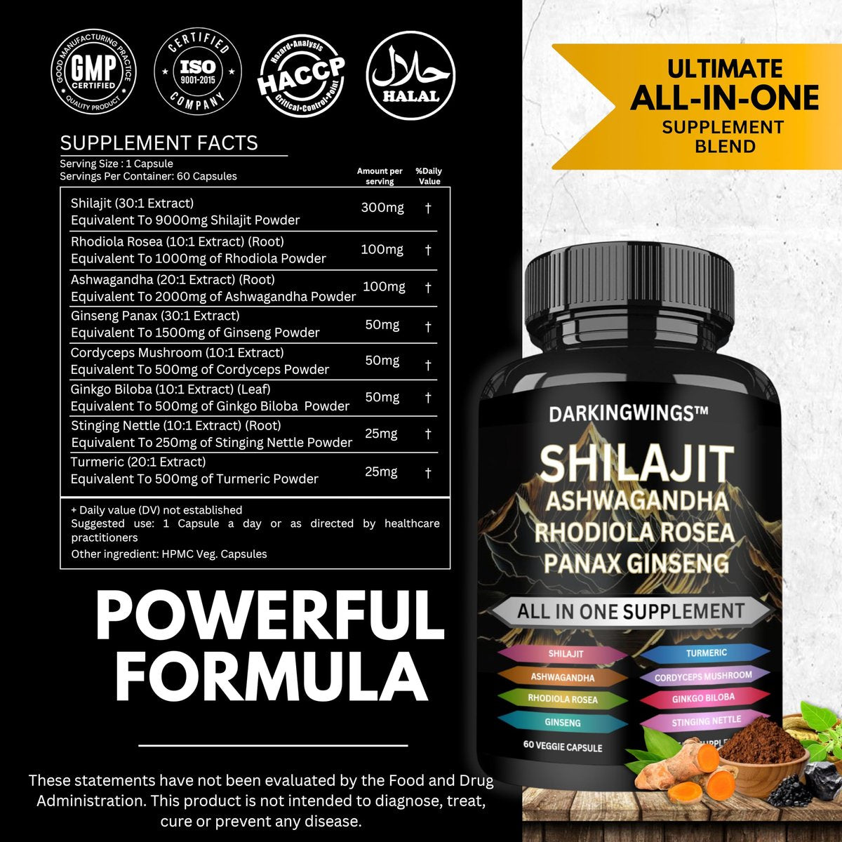8-in-1 Shilajit 9000 Panax Ginseng 1500MG Ashwagandha 2000MG Rhodiola Rosea 1000MG, Kurkuma 500MG, Ginkgo Biloba 500mg, Brennnessel 250MG, Cordyceps Pilz 500 MG für volle Körperkraft