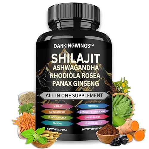 8-in-1 Shilajit 9000 Panax Ginseng 1500MG Ashwagandha 2000MG Rhodiola Rosea 1000MG, Kurkuma 500MG, Ginkgo Biloba 500mg, Brennnessel 250MG, Cordyceps Pilz 500 MG für volle Körperkraft