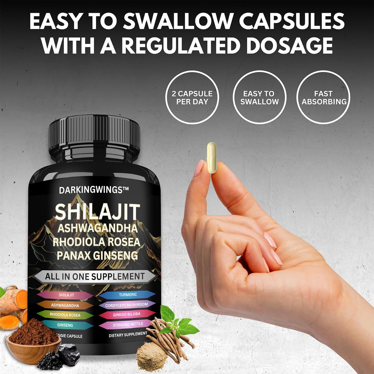8-in-1 Shilajit 9000 Panax Ginseng 1500MG Ashwagandha 2000MG Rhodiola Rosea 1000MG, Kurkuma 500MG, Ginkgo Biloba 500mg, Brennnessel 250MG, Cordyceps Pilz 500 MG für volle Körperkraft