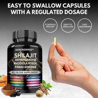8-in-1 Shilajit 9000 Panax Ginseng 1500MG Ashwagandha 2000MG Rhodiola Rosea 1000MG, Kurkuma 500MG, Ginkgo Biloba 500mg, Brennnessel 250MG, Cordyceps Pilz 500 MG für volle Körperkraft