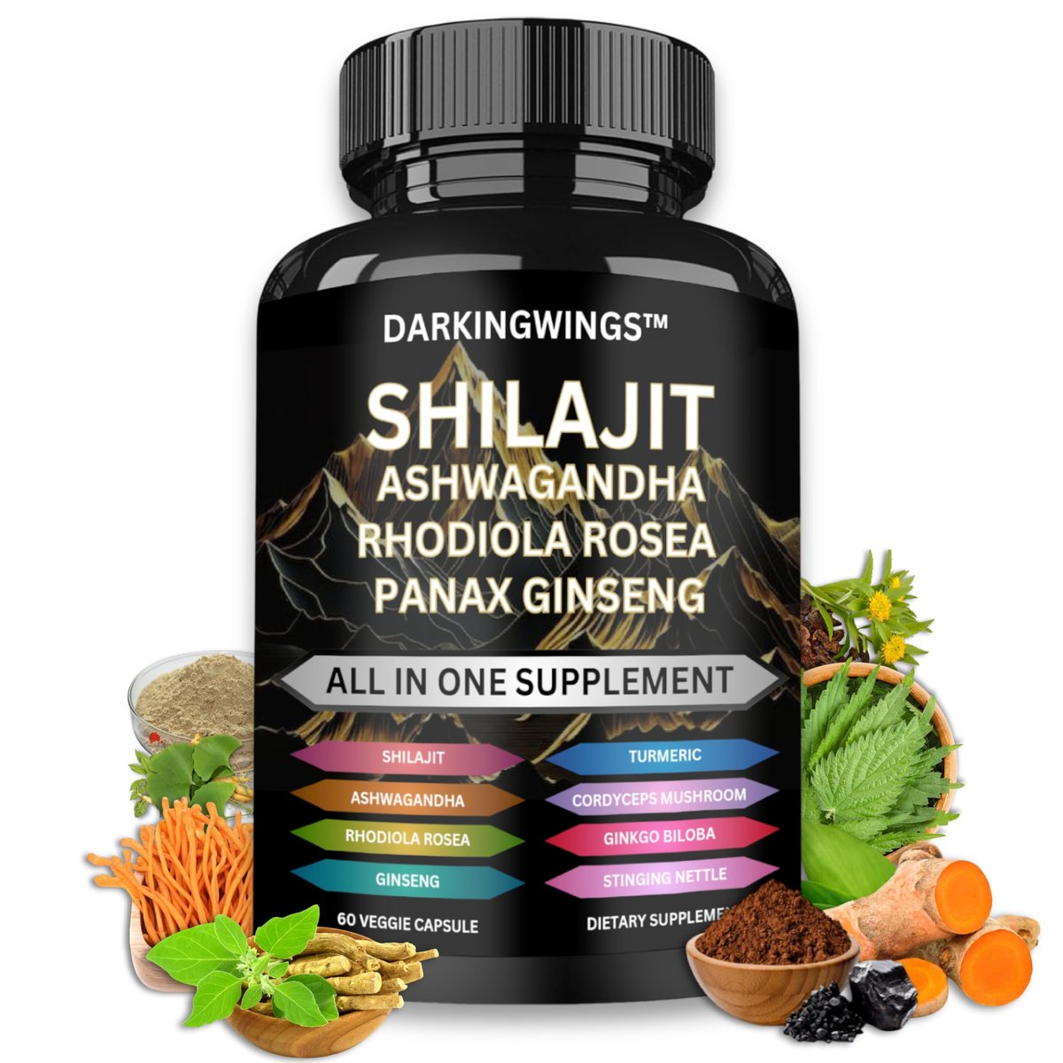 8-in-1 Shilajit 9000 Panax Ginseng 1500MG Ashwagandha 2000MG Rhodiola Rosea 1000MG, Kurkuma 500MG, Ginkgo Biloba 500mg, Brennnessel 250MG, Cordyceps Pilz 500 MG für volle Körperkraft