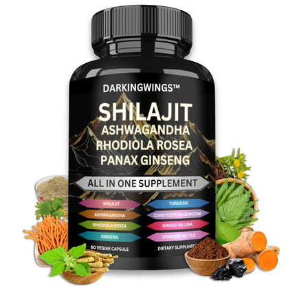 8-in-1 Shilajit 9000 Panax Ginseng 1500MG Ashwagandha 2000MG Rhodiola Rosea 1000MG, Kurkuma 500MG, Ginkgo Biloba 500mg, Brennnessel 250MG, Cordyceps Pilz 500 MG für volle Körperkraft