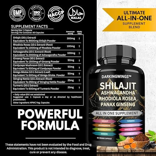 8-in-1 Shilajit 9000 Panax Ginseng 1500MG Ashwagandha 2000MG Rhodiola Rosea 1000MG, Kurkuma 500MG, Ginkgo Biloba 500mg, Brennnessel 250MG, Cordyceps Pilz 500 MG für volle Körperkraft
