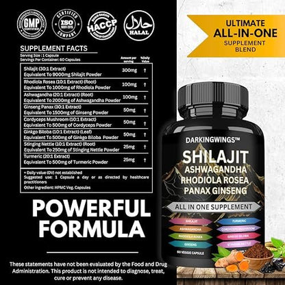 8-in-1 Shilajit 9000 Panax Ginseng 1500MG Ashwagandha 2000MG Rhodiola Rosea 1000MG, Kurkuma 500MG, Ginkgo Biloba 500mg, Brennnessel 250MG, Cordyceps Pilz 500 MG für volle Körperkraft