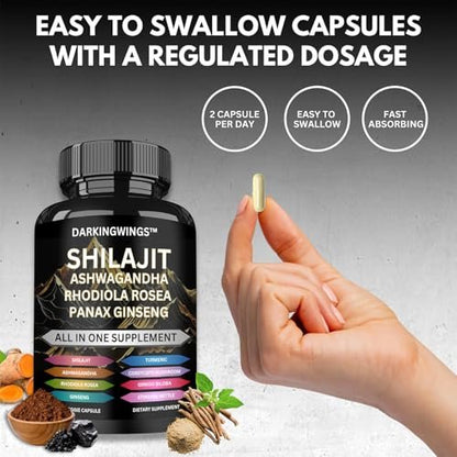 8-in-1 Shilajit 9000 Panax Ginseng 1500MG Ashwagandha 2000MG Rhodiola Rosea 1000MG, Kurkuma 500MG, Ginkgo Biloba 500mg, Brennnessel 250MG, Cordyceps Pilz 500 MG für volle Körperkraft
