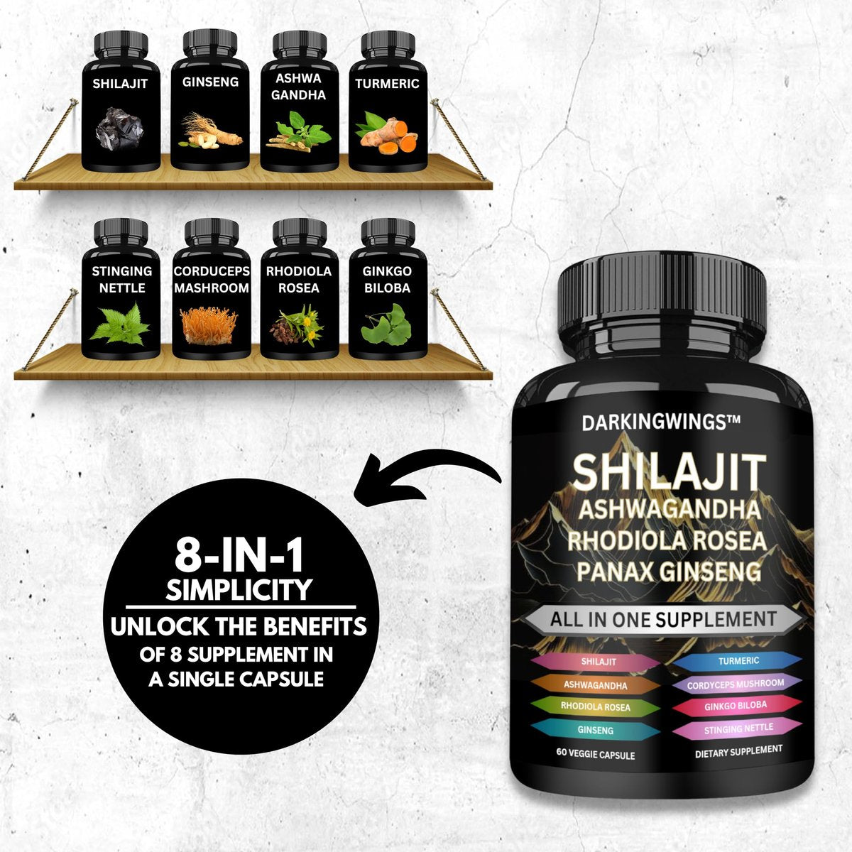 8-in-1 Shilajit 9000 Panax Ginseng 1500MG Ashwagandha 2000MG Rhodiola Rosea 1000MG, Kurkuma 500MG, Ginkgo Biloba 500mg, Brennnessel 250MG, Cordyceps Pilz 500 MG für volle Körperkraft