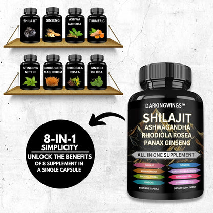 8-in-1 Shilajit 9000 Panax Ginseng 1500MG Ashwagandha 2000MG Rhodiola Rosea 1000MG, Kurkuma 500MG, Ginkgo Biloba 500mg, Brennnessel 250MG, Cordyceps Pilz 500 MG für volle Körperkraft