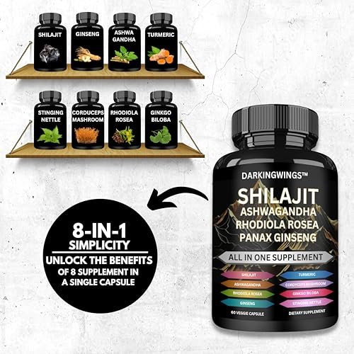 8-in-1 Shilajit 9000 Panax Ginseng 1500MG Ashwagandha 2000MG Rhodiola Rosea 1000MG, Kurkuma 500MG, Ginkgo Biloba 500mg, Brennnessel 250MG, Cordyceps Pilz 500 MG für volle Körperkraft