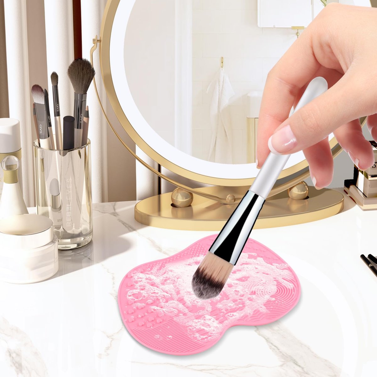QBXMY7 2er-Pack Silikon Make-up Pinsel Reinigungsmatte, Kosmetik Reinigungspads, Make-up Pinsel Reiniger, tragbar mit Saugnapf – Grün/Rosa
