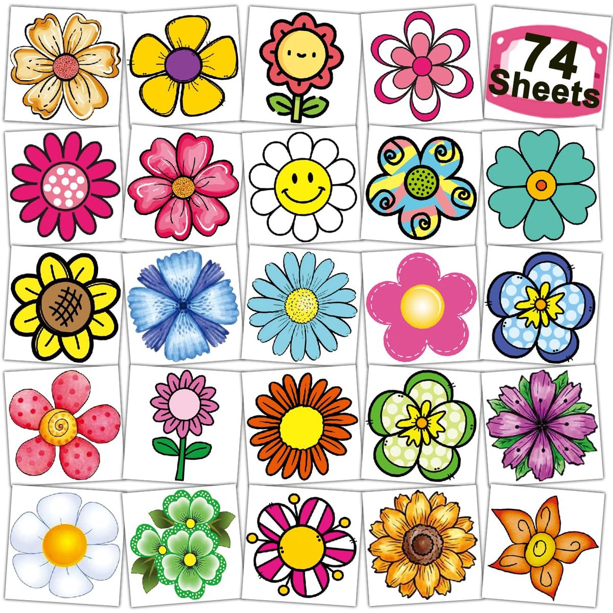 CHARLENT Blumentattoos für Kinder – 74 einzeln verpackte Blumen-Tattoo-Aufkleber für Mädchen, Geburtstagsparty-Geschenke, Goodie Bag Füller