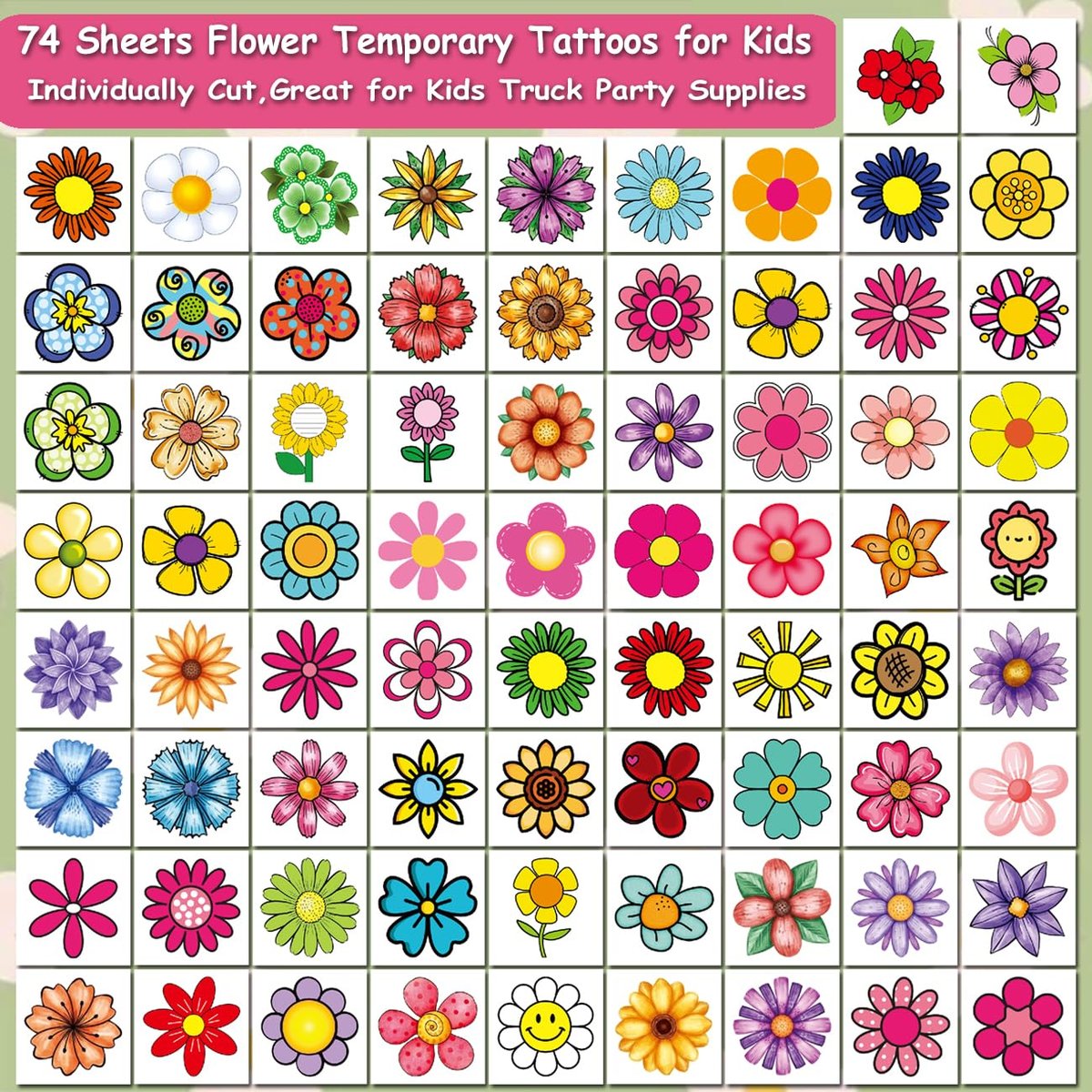 CHARLENT Blumentattoos für Kinder – 74 einzeln verpackte Blumen-Tattoo-Aufkleber für Mädchen, Geburtstagsparty-Geschenke, Goodie Bag Füller
