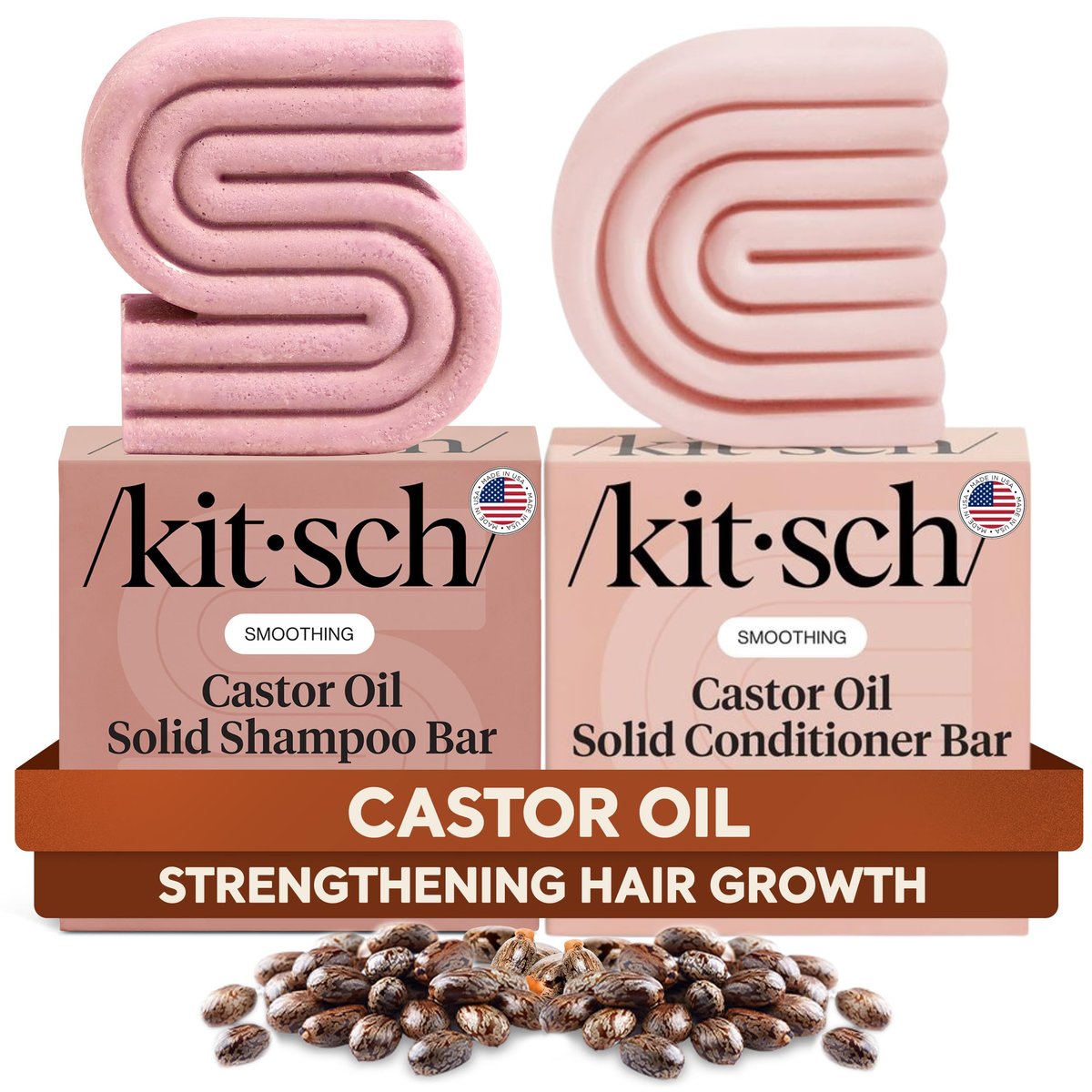 Kitsch Rizinusöl Shampoo und Conditioner Set - Bio Rizinusöl Haarpflege für stumpfes & trockenes Haar - Nährende Seifenriegel für Haarwachstum - Frei von Sulfaten, Silikonen & Parabenen - 2 Stück