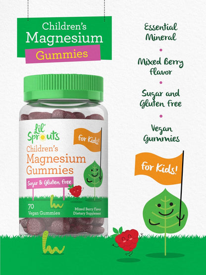 Lil' Sprouts Kinder Magnesium Gummis | 70 Stück | Gemischter Beerengeschmack | Zuckerfrei | Vegan, Nicht-GVO & Glutenfrei