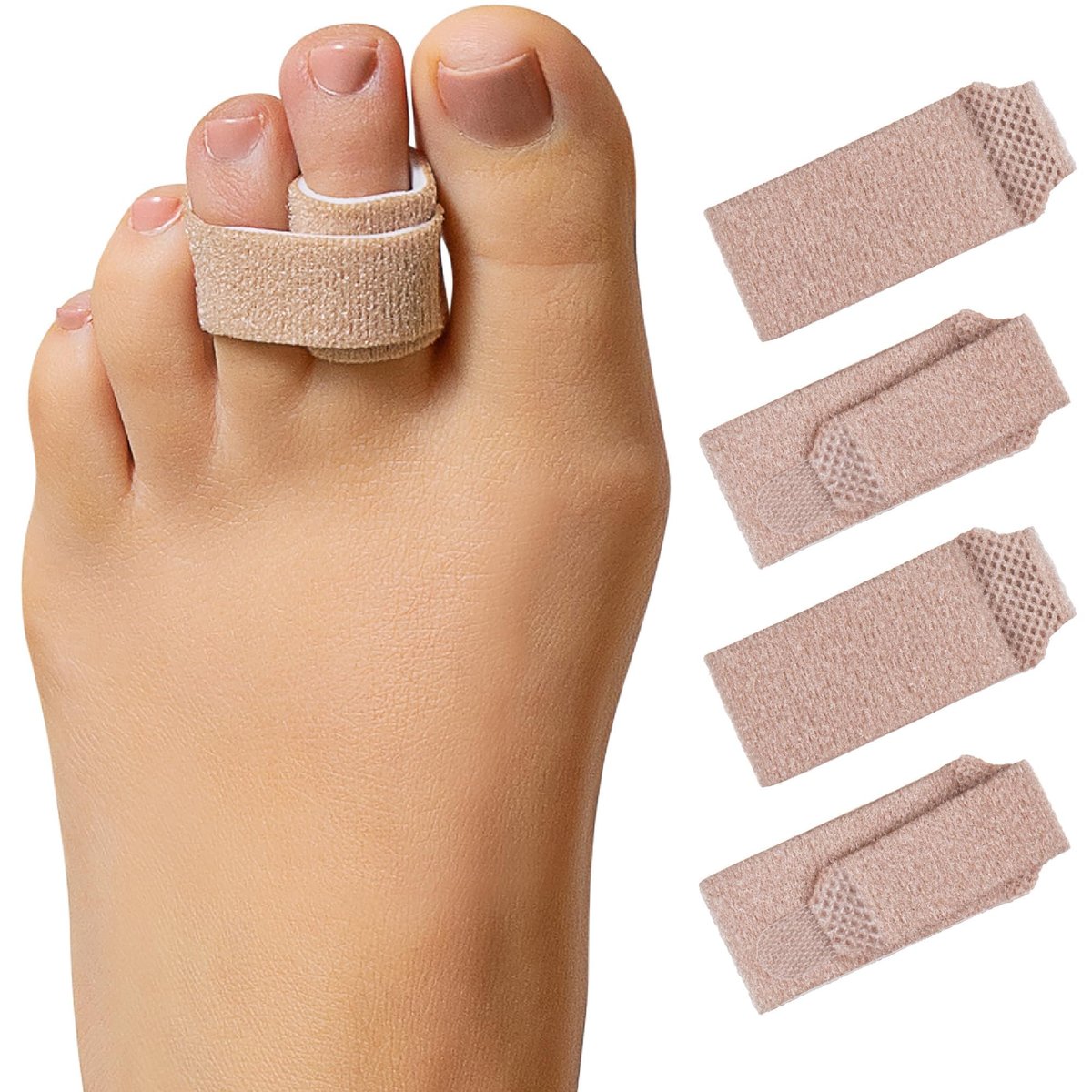ZenToes Hammerzehen-Korrektor für Damen & Herren – Wiederverwendbare Stoff-Buddy-Wraps für gebrochene Zehen – Gepolsterte Zehenschiene zum Schutz & zur Genesung & Hammerzehen-Straffer – 4 Stück (Klein, Beige)