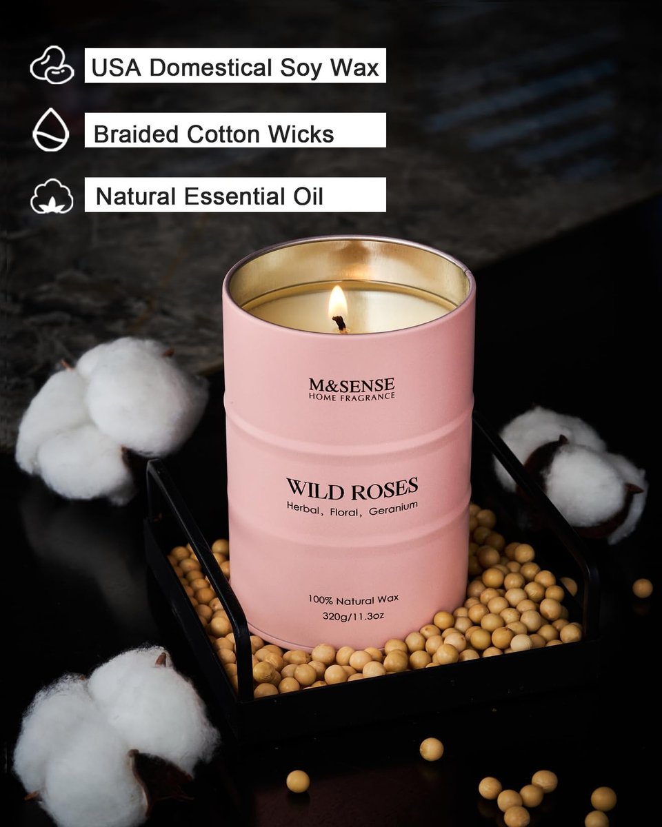 M&SENSE Wild Rose Duftkerze aus Sojawachs – 70 Stunden Brenndauer, 11,3 oz – Aromatherapie-Kerze gegen Stress – romantisches Geschenk für Frauen