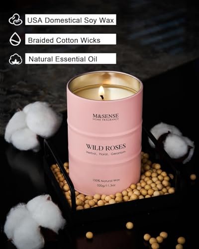 M&SENSE Wild Rose Duftkerze aus Sojawachs – 70 Stunden Brenndauer, 11,3 oz – Aromatherapie-Kerze gegen Stress – romantisches Geschenk für Frauen