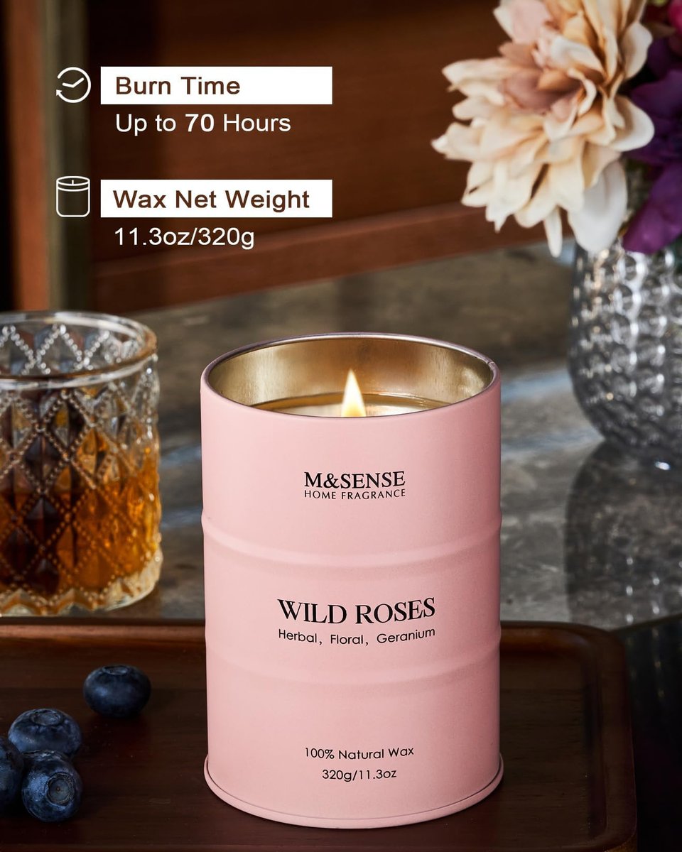 M&SENSE Wild Rose Duftkerze aus Sojawachs – 70 Stunden Brenndauer, 11,3 oz – Aromatherapie-Kerze gegen Stress – romantisches Geschenk für Frauen