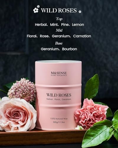 M&SENSE Wild Rose Duftkerze aus Sojawachs – 70 Stunden Brenndauer, 11,3 oz – Aromatherapie-Kerze gegen Stress – romantisches Geschenk für Frauen