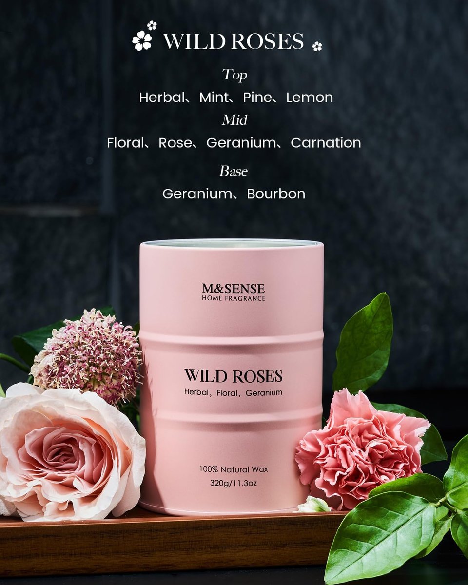 M&SENSE Wild Rose Duftkerze aus Sojawachs – 70 Stunden Brenndauer, 11,3 oz – Aromatherapie-Kerze gegen Stress – romantisches Geschenk für Frauen