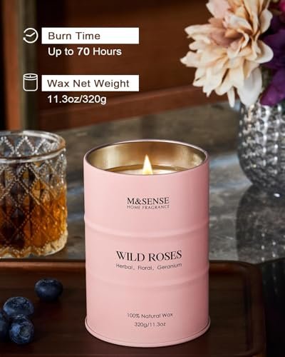 M&SENSE Wild Rose Duftkerze aus Sojawachs – 70 Stunden Brenndauer, 11,3 oz – Aromatherapie-Kerze gegen Stress – romantisches Geschenk für Frauen