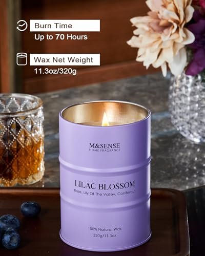 M&SENSE Lilac Blossom Sojakerze für Zuhause, 11,3 oz, 70 Stunden langes Brennen, Aromatherapie-Kerze für Stressabbau, Meditation, Yoga, Entspannung, Wellness, Geschenk für Frauen