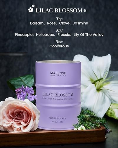 M&SENSE Lilac Blossom Sojakerze für Zuhause, 11,3 oz, 70 Stunden langes Brennen, Aromatherapie-Kerze für Stressabbau, Meditation, Yoga, Entspannung, Wellness, Geschenk für Frauen