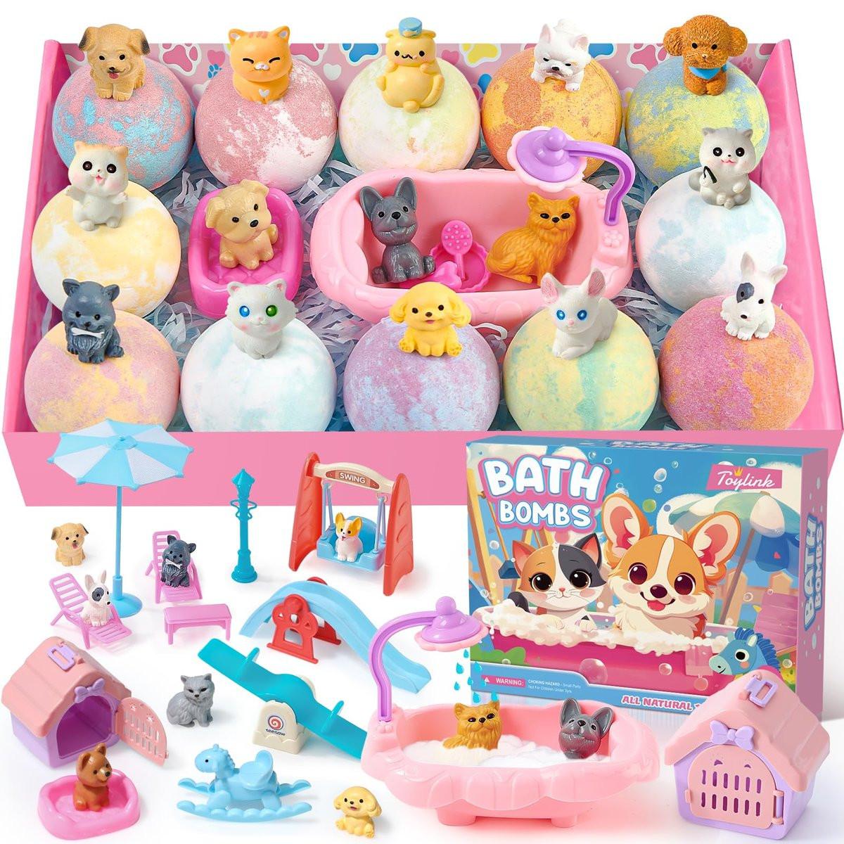 Toylink Badebomben für Kinder mit Überraschung im Inneren – 12er-Pack mit Hunde- & Katzenspielzeug, Badespaß für Mädchen und Jungen