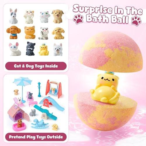 Toylink Badebomben für Kinder mit Überraschung im Inneren – 12er-Pack mit Hunde- & Katzenspielzeug, Badespaß für Mädchen und Jungen