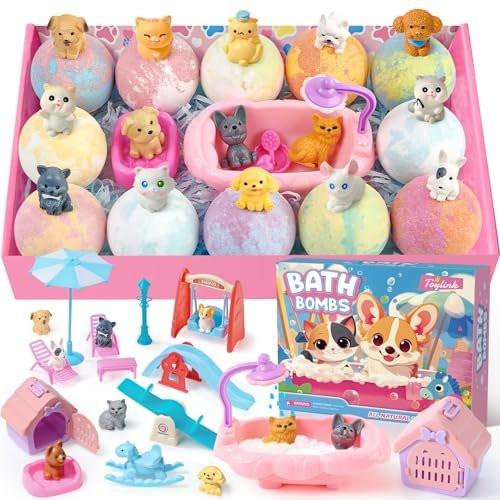 Toylink Badebomben für Kinder mit Überraschung im Inneren – 12er-Pack mit Hunde- & Katzenspielzeug, Badespaß für Mädchen und Jungen
