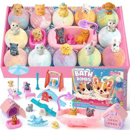 Toylink Badebomben für Kinder mit Überraschung im Inneren – 12er-Pack mit Hunde- & Katzenspielzeug, Badespaß für Mädchen und Jungen