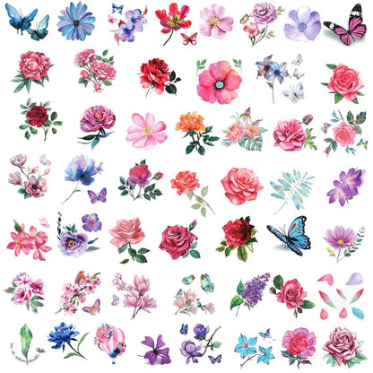 Temporäre Tattoos, 50 Stück 3D Blumen Tattoo Aufkleber, wasserfeste Schmetterling Temp Tattoos, realistische Rose Pfingstrose Lavendel Blatt semi-permanente Fake Tattoos Aquarell Blumen Körperkunst Aufkleber für Frauen Mädchen