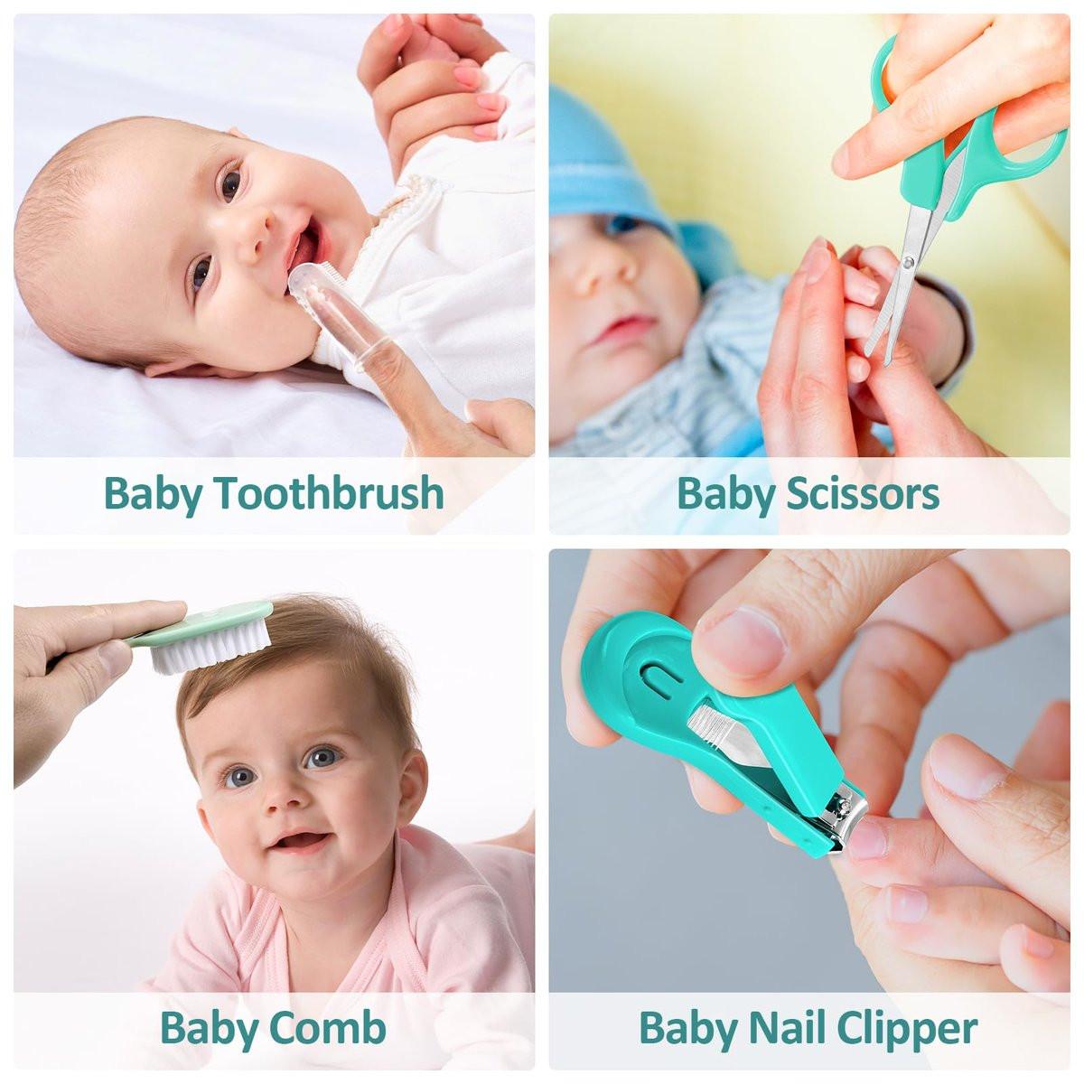 Baby Pflegeset für Neugeborene, Sicherheits-Haarbürste, Kamm, Nagelknipser, Nasensauger – Essentials für Mädchen und Jungen (Grün)