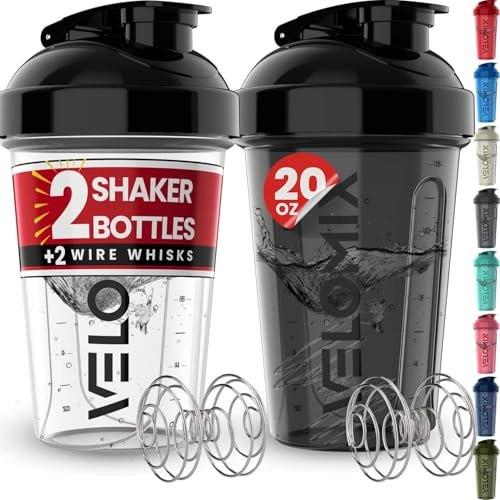 VELOMIX 2er-Pack 20 oz Protein Shaker Flaschen für Proteinshakes - 2x Drahtschneebesen | Auslaufsichere Shakerbecher für Proteinshakes und Pre-Workout | Protein Shaker Flaschen Pack (Schwarz/Transparent)
