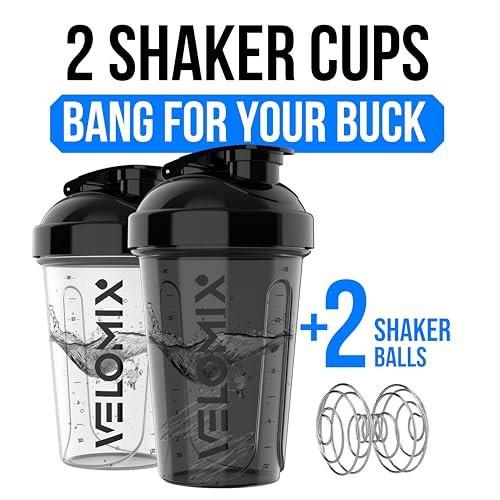 VELOMIX 2er-Pack 20 oz Protein Shaker Flaschen für Proteinshakes - 2x Drahtschneebesen | Auslaufsichere Shakerbecher für Proteinshakes und Pre-Workout | Protein Shaker Flaschen Pack (Schwarz/Transparent)