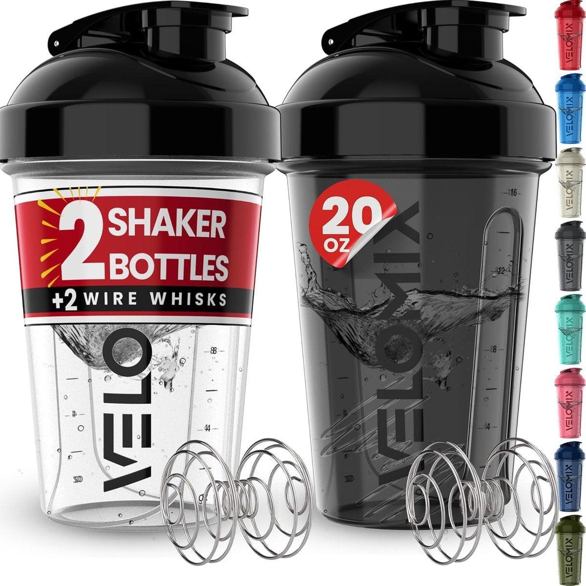 VELOMIX 2er-Pack 20 oz Protein Shaker Flaschen für Proteinshakes - 2x Drahtschneebesen | Auslaufsichere Shakerbecher für Proteinshakes und Pre-Workout | Protein Shaker Flaschen Pack (Schwarz/Transparent)